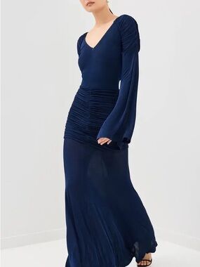 Navy Long Sleeve V-Neck Ruched Maxi Dress